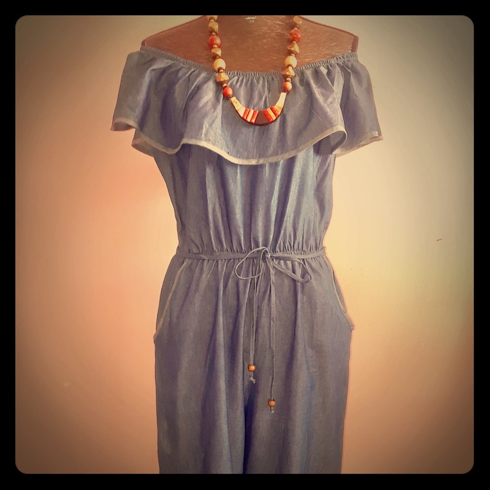 Off Shoulder Wrapper Chambray Jumpsuit